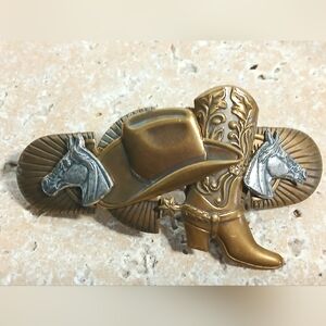 Antique Brass Barrette Western Themed Cowboy Hat, Boot and Horses